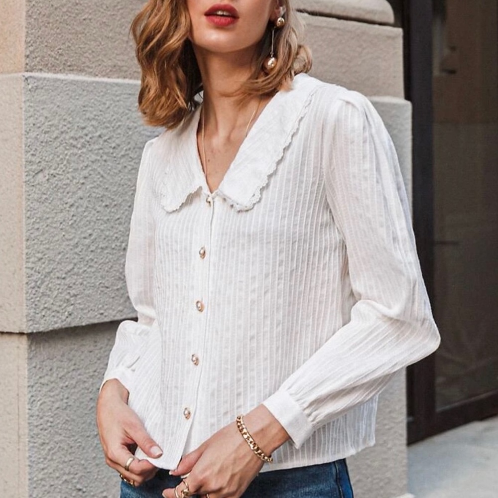 Peter pan collar lace  trim button front top